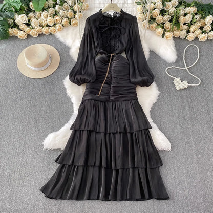 Elegant Autumn Ruffles Long Sleeve Maxi Mermaid Dress Women Hollow Out Casual Satin Fishtail Cake Dresses Prom Evening Vestidos