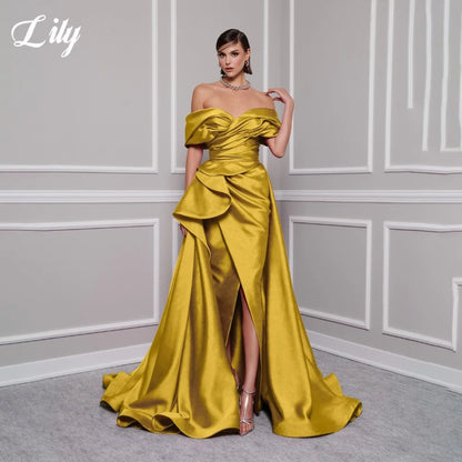 Lily Red Elegant Prom Gown V-Neck Off the Shoulder Party Dress for Woman Satin Pleating Side Split Evening Dresses Customized