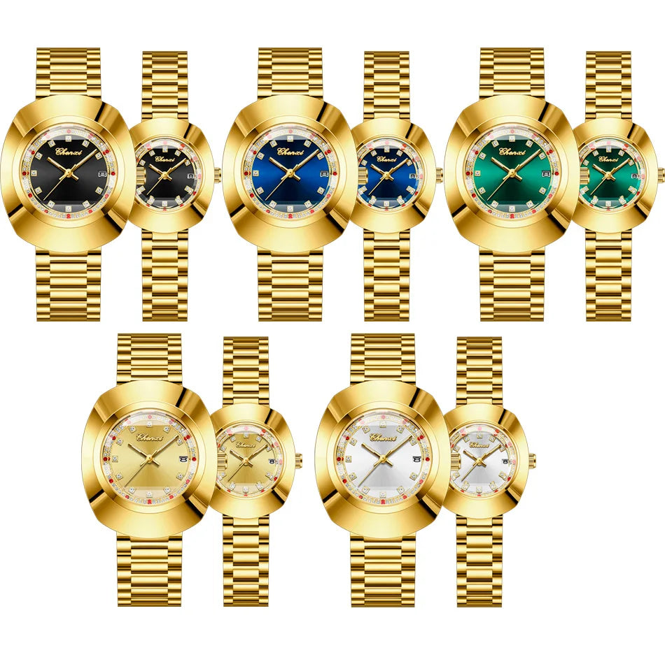 CHENXI Couple's Matching Quartz Watches Gold-Tone High-Fashion Diamond-Studded Waterproof Steel Bracelet Timepieces