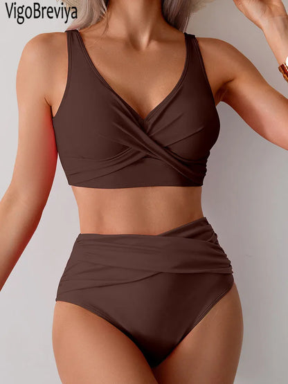 VigoBreviya 2026 Sexy Solid Strapped Swimwear Women Cross Push Up Bikini Set Brazilian Lady Swimsuit High Waist Beach Bath Suit