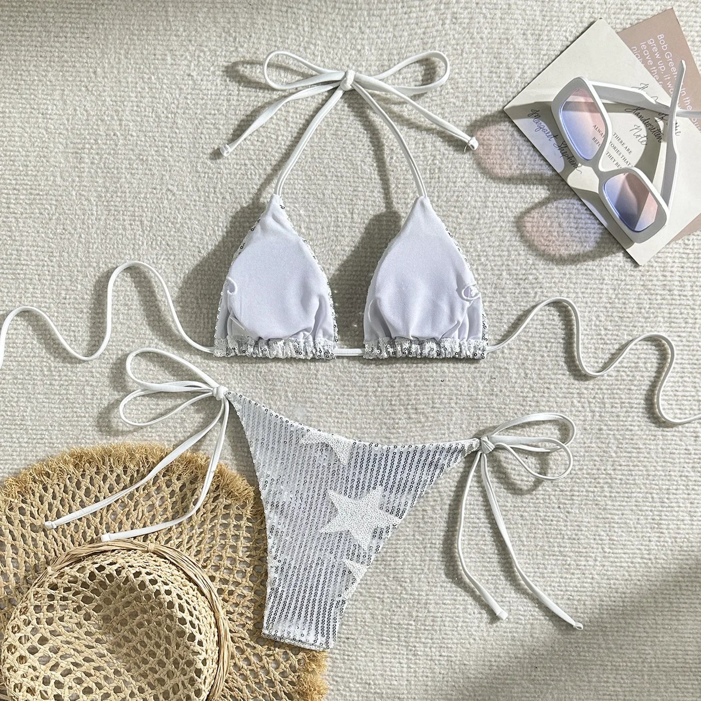 Halter Shiny Star Sequins Bikini 2025 Women Swimsuit Female Swimwear Two Pieces Bikini Set Brazilian Bathing Suit Swim Beachwear