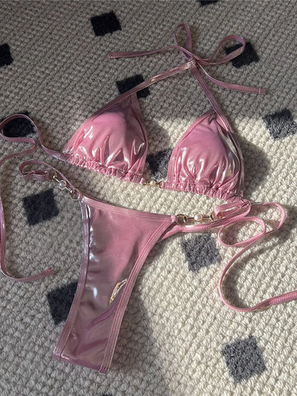 New PU Faux Leather Halter Mini Thong Bikini Female Swimsuit Women Swimwear Two-pieces Bikini set Bather Bathing Suit Swim V5206
