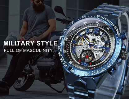 WINNER Gold Transparent Skeleton Automatic Watch for Men Luminous Pointers Luxury Brand Stainless Steel Strap Mechanical Watches