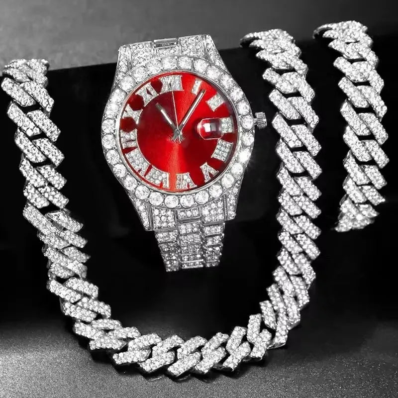 3/4PCS Hip Hop Iced Out Men's Watch Jewelry Set Luxury Rhinestone Quartz Wristwatch Cuban Link Chain Accessories（Without Box）