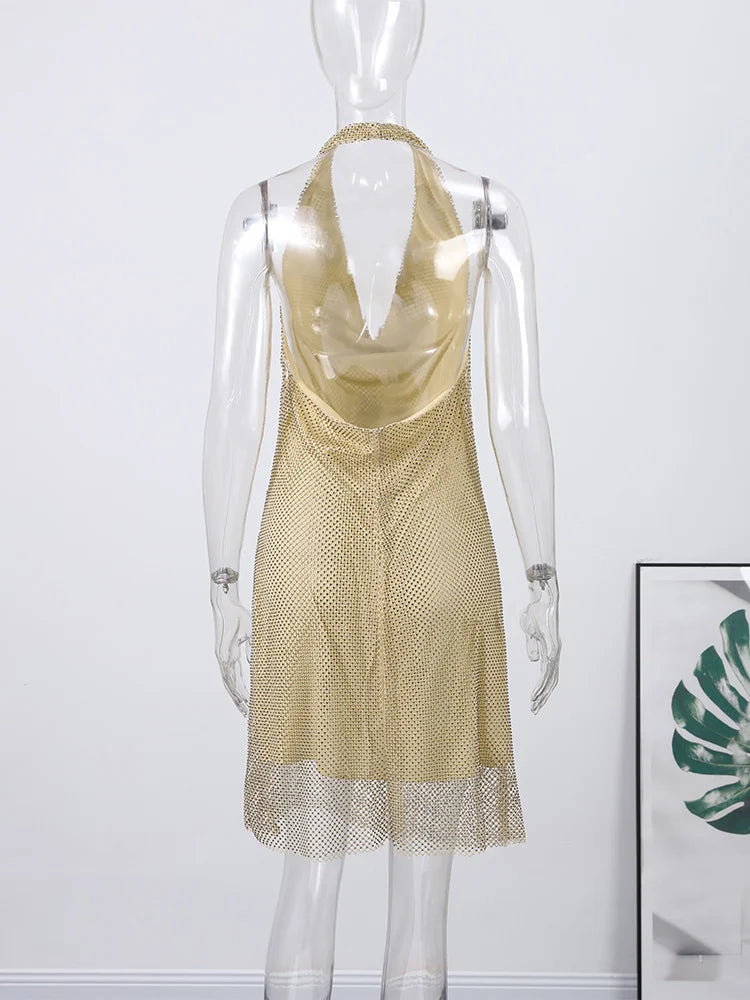 Rhinestone Halter Short Dress Women Sexy Sleeveless Backless Waist Cinching Hip Package Bodycon Party Evening Dresses Streetwear