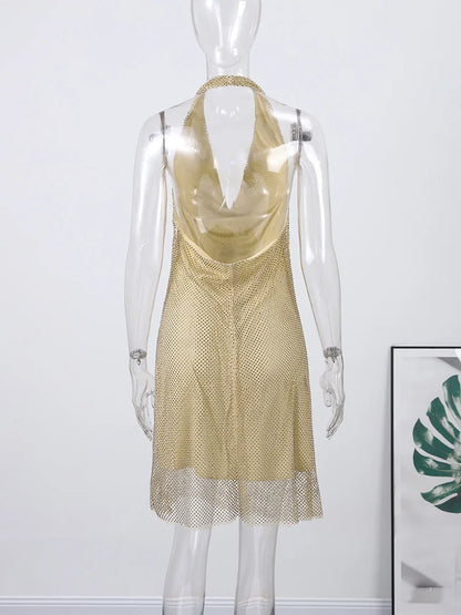 Rhinestone Halter Short Dress Women Sexy Sleeveless Backless Waist Cinching Hip Package Bodycon Party Evening Dresses Streetwear