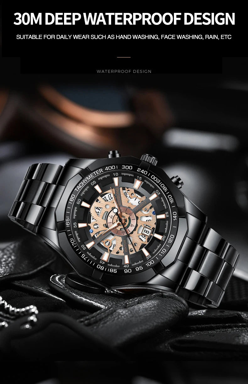BINBOND S033 Luxury Hollow Non-Mechanical Business Quartz Men Watches 30M Waterproof Trendy Hollow Design Classics Men Watches