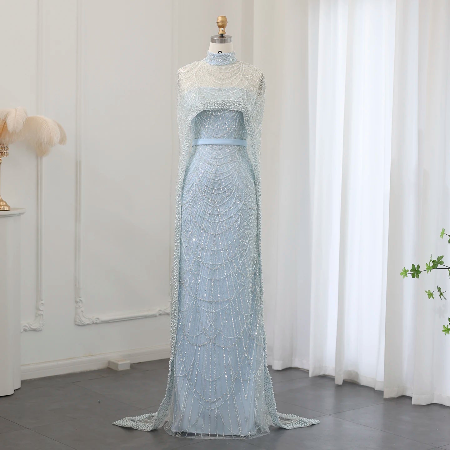 Sharon Said Luxury Pearls Dubai Champagne Evening Dresses with Cape New Arabic Women Mermaid Wedding Party Prom Dress SS369