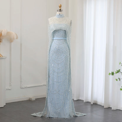 Sharon Said Luxury Pearls Dubai Champagne Evening Dresses with Cape New Arabic Women Mermaid Wedding Party Prom Dress SS369