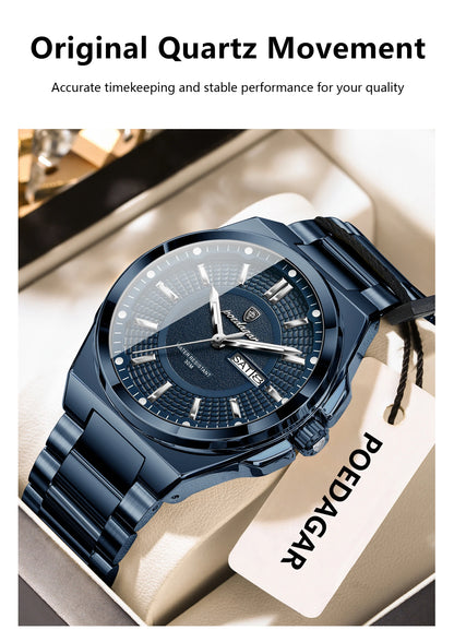 POEDAGAR Top Business Men's Watches Stainless Steel Waterproof Luminous Man Watch Date Week Quartz Casual Fashion Men Wristwatch