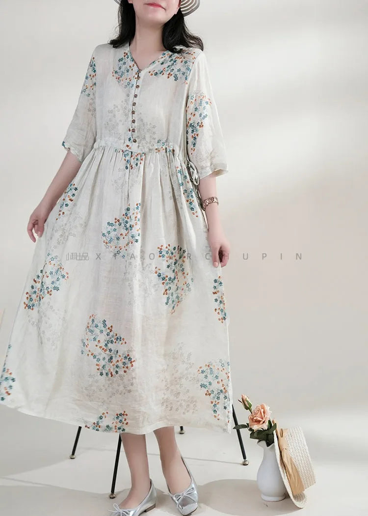 Summer Dress Women 2025 Long Print Elegant Clothing Vintage Elastic Waist Korean Beach Style V-Neck Fashion Robe Ropa De Mujer