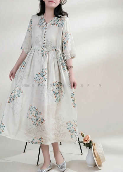 Summer Dress Women 2025 Long Print Elegant Clothing Vintage Elastic Waist Korean Beach Style V-Neck Fashion Robe Ropa De Mujer