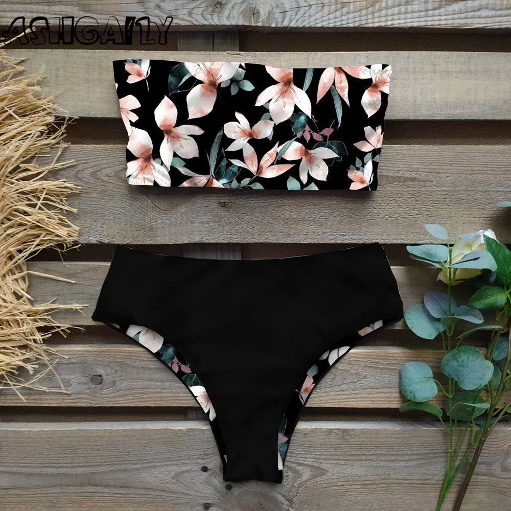 Reversible Bikinis Women Bandeau Swimwear Back Cross Halter Swimsuit Print High Waist Bathing Suit Femme Swim Wear Summer