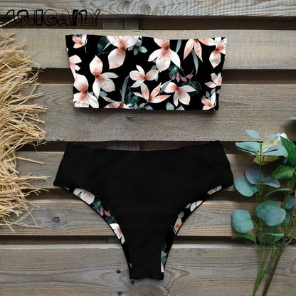 Reversible Bikinis Women Bandeau Swimwear Back Cross Halter Swimsuit Print High Waist Bathing Suit Femme Swim Wear Summer