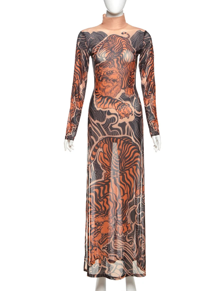Weird Puss See Through T-Shirts Women Tiger Print Long Sleeve High Neck High Slits High Elastic Skinny Trend Street Hipster Tops