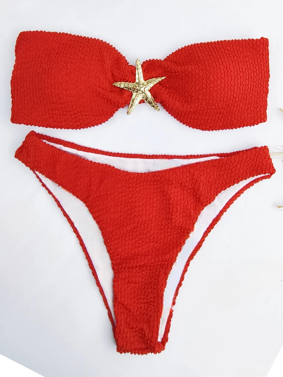 Contrast Binding Bandeau Bikinis 2026 Women Sexy Swimsuit Solid Padded Swimwear Female Bathing Suit Swimming Summer Beachwear