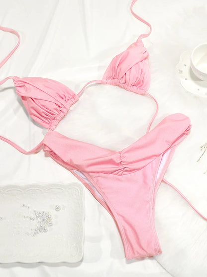 Sexy Folds Bikini Set Solid Micro Bikinis Women Swimsuit Female Triangle Swimwear Beach Wear Bathing Suit