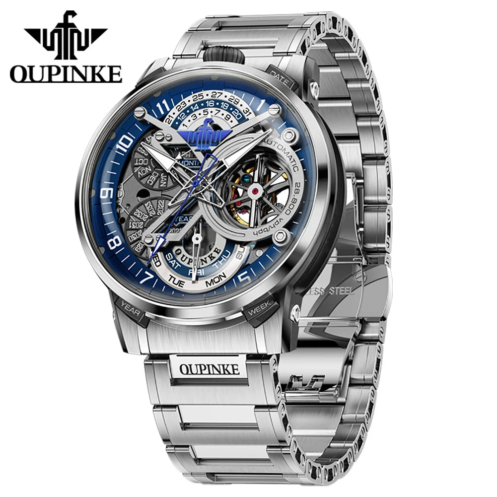 OUPINKE Black Steel Tourbillon Mens Wrist Watches Skeleton Automatic Mechanical Watch Fashion Wrist Watch Mens Sapphire