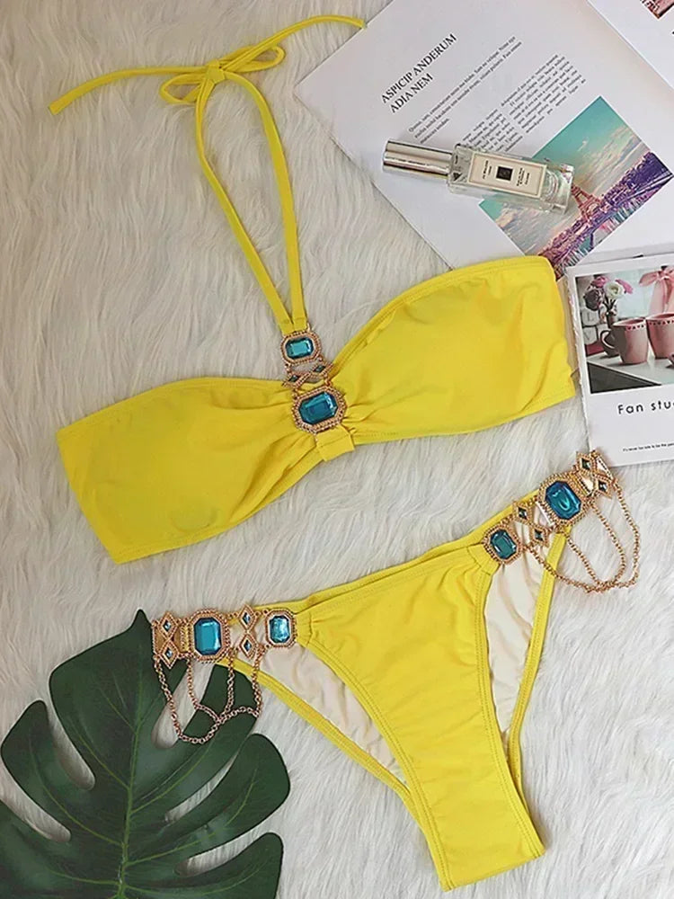 2026 Shiny Rhinestone Diamond Bikini Women Swimsuit Female Swimwear Two Pieces Bikini Set Halter Metal Chains Bathing Suit Swim