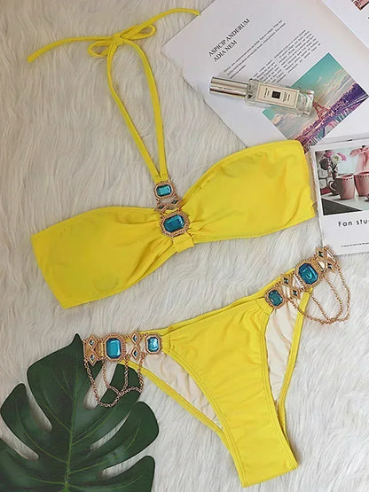 2026 Shiny Rhinestone Diamond Bikini Women Swimsuit Female Swimwear Two Pieces Bikini Set Halter Metal Chains Bathing Suit Swim
