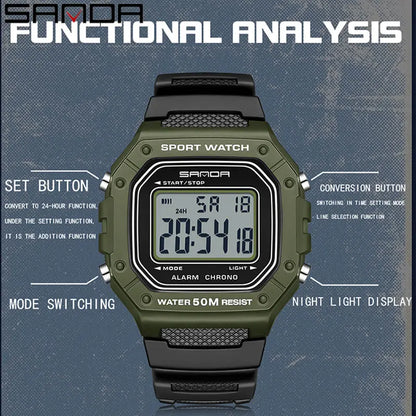 SANDA 2156 Fashion Mens Watch Military Water Resistant Sport Watches Army Big Dial Led Digital Wristwatches Stopwatches For Male