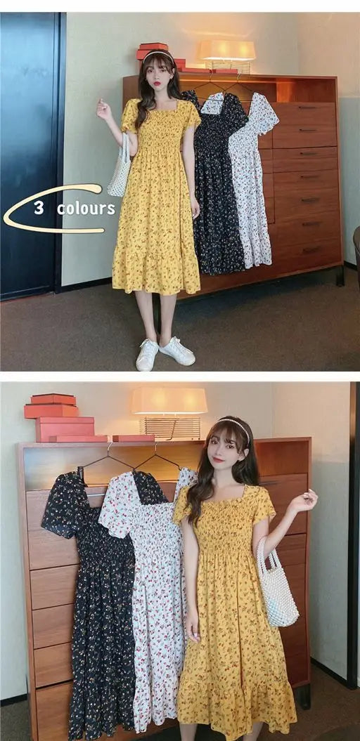2025 Spring Summer New Dress Women Mini Dresses Female Short Sleeve Elastic Bust Printed Floral Pleated Backless Casual Dress