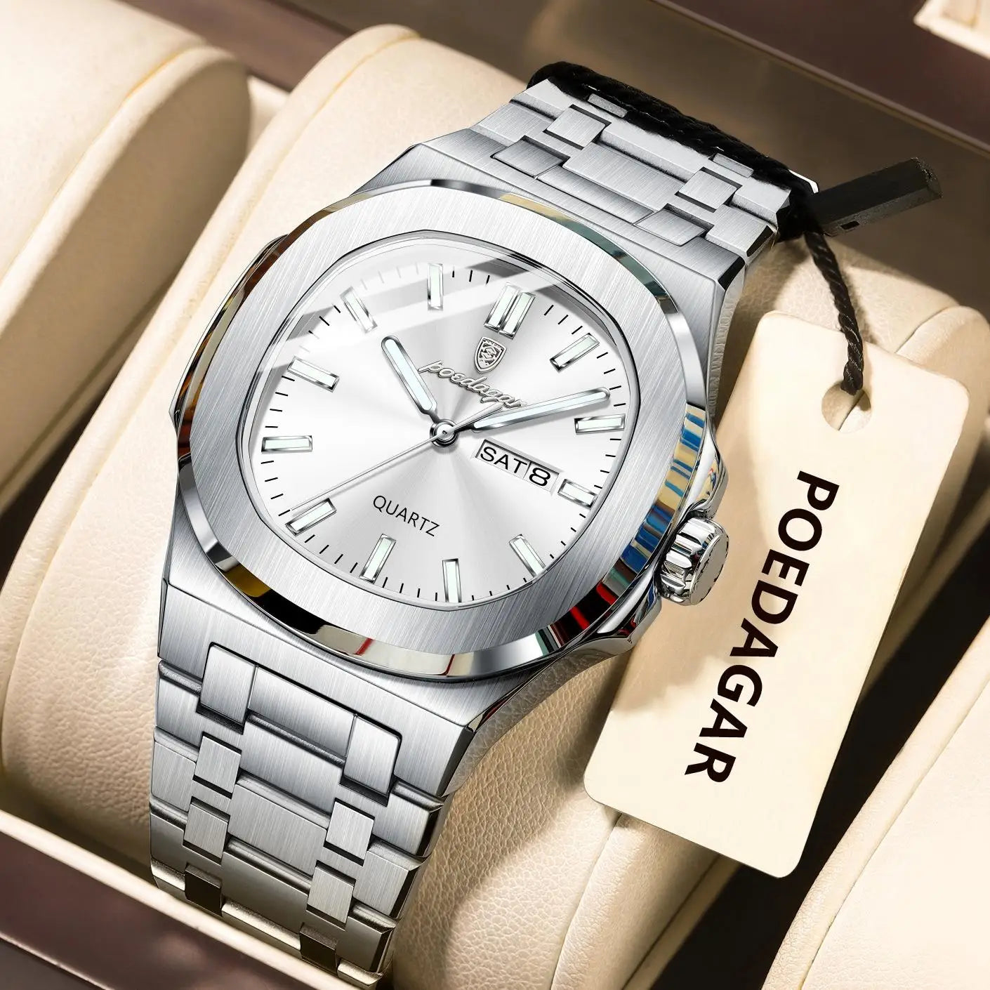 POEDAGAR Classic Square Men Wristwatch Waterproof Luminous Date Week Casual Man Clock Stainless Steel Men's Quartz Watches Reloj