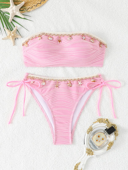 Contrast Binding Bandeau Bikinis 2026 Women Sexy Swimsuit Solid Padded Swimwear Female Bathing Suit Swimming Summer Beachwear