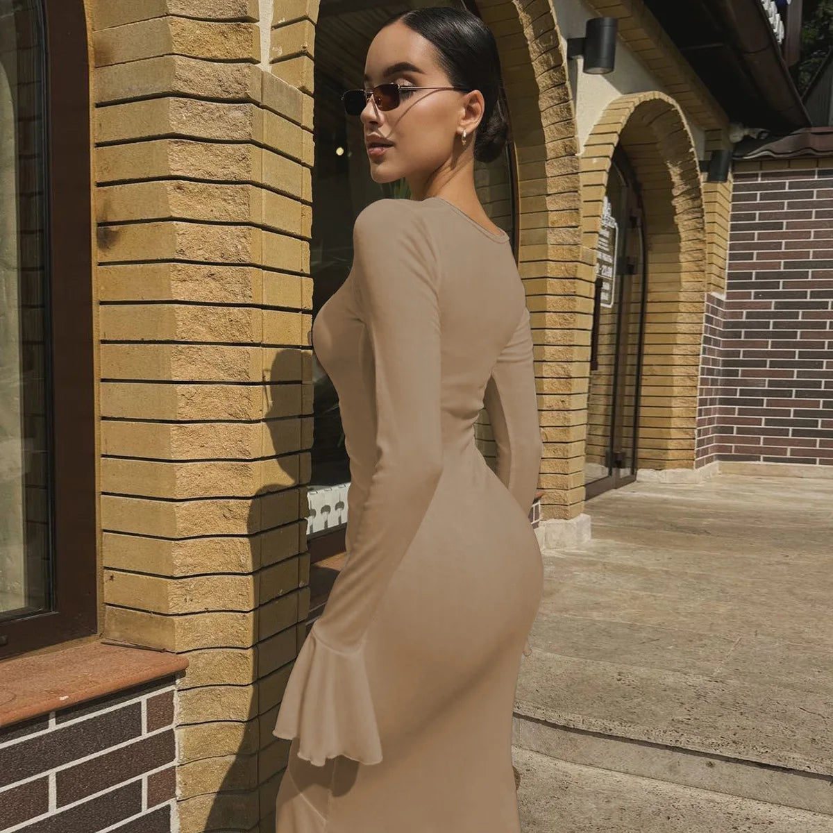 Women Elegant Ruffle Hem White Long Dress Fashion Shirring V-neck Flare Long Sleeve Dresses 2024 New Evening Party Robes Vestido