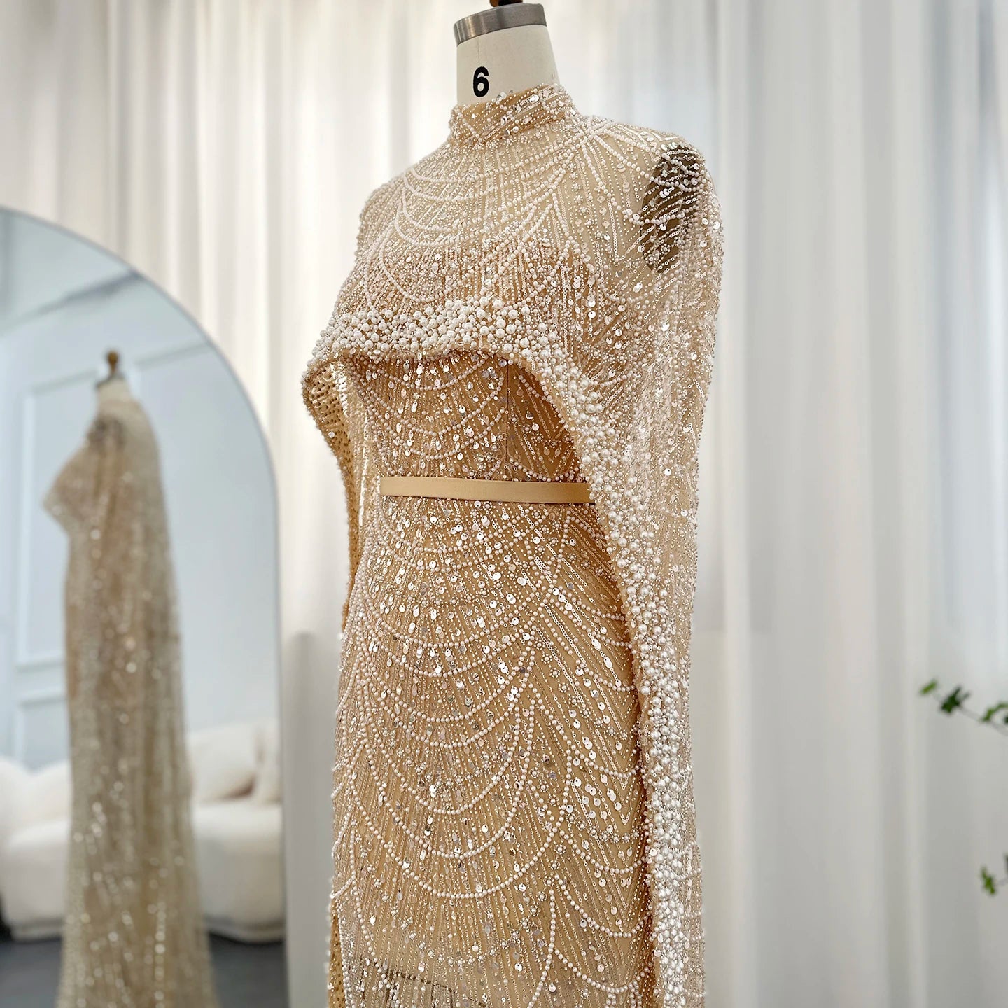 Sharon Said Luxury Pearls Dubai Champagne Evening Dresses with Cape New Arabic Women Mermaid Wedding Party Prom Dress SS369