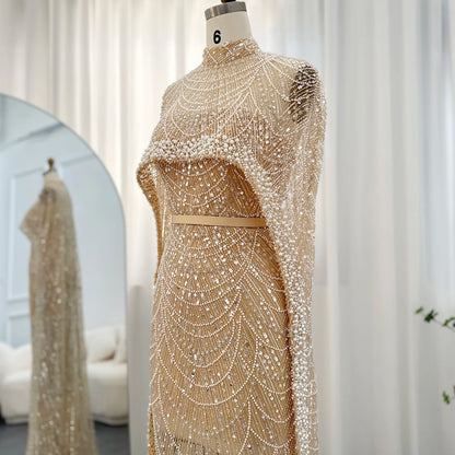 Sharon Said Luxury Pearls Dubai Champagne Evening Dresses with Cape New Arabic Women Mermaid Wedding Party Prom Dress SS369