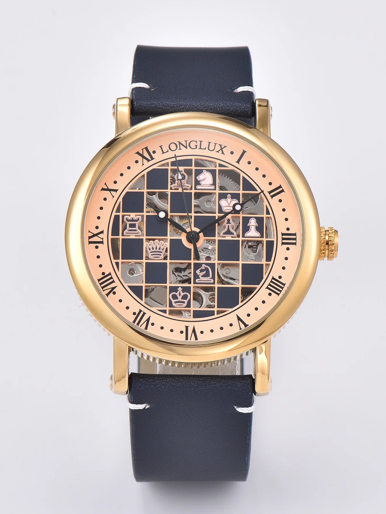 Men automatic watch chess checjerboard mechanical watches waterproof vintage business luminous skeleton leather gift for you