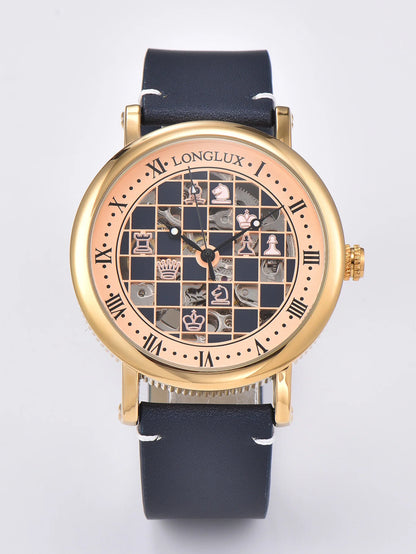 Men automatic watch chess checjerboard mechanical watches waterproof vintage business luminous skeleton leather gift for you