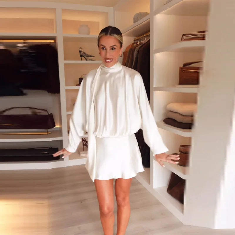 Women's Elegant white Ruched Short Dress Fashion Casual Stand Neck Long Sleeve Mini Dresses 2025 Autumn party Female Clothing