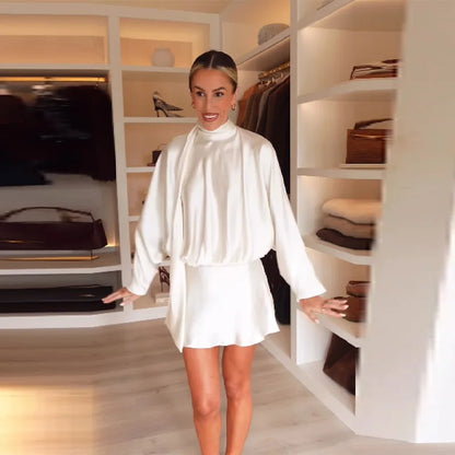 Women's Elegant white Ruched Short Dress Fashion Casual Stand Neck Long Sleeve Mini Dresses 2025 Autumn party Female Clothing