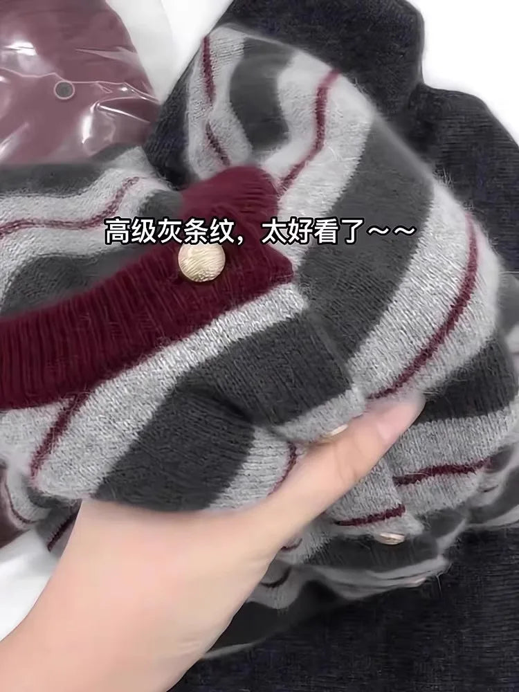 European goods striped cashmere cardigan women spring and autumn new round neck soft waxy senior sense wool knit sweater coat
