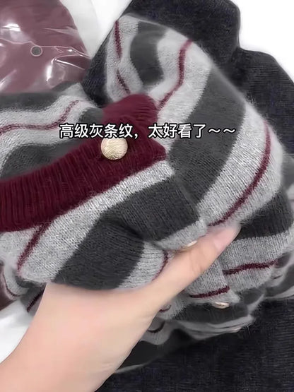 European goods striped cashmere cardigan women spring and autumn new round neck soft waxy senior sense wool knit sweater coat
