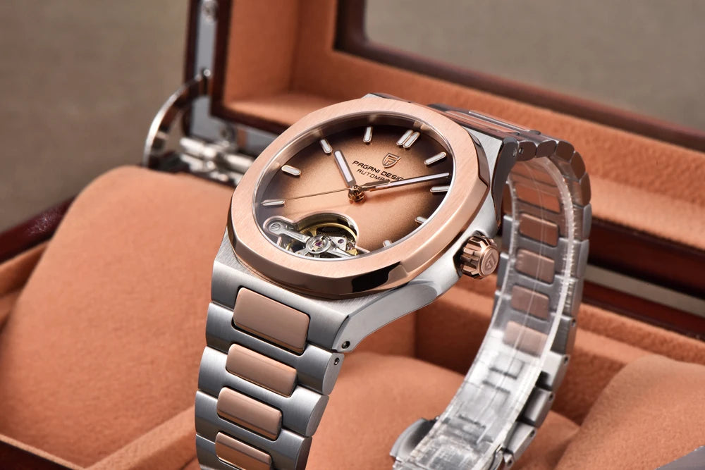 PAGANI DESIGN Tourbillon Men's Watches Rose Gold Top Luxury Automatic Watch For Men Mechanical Wristwatches AR Sapphire Luminous