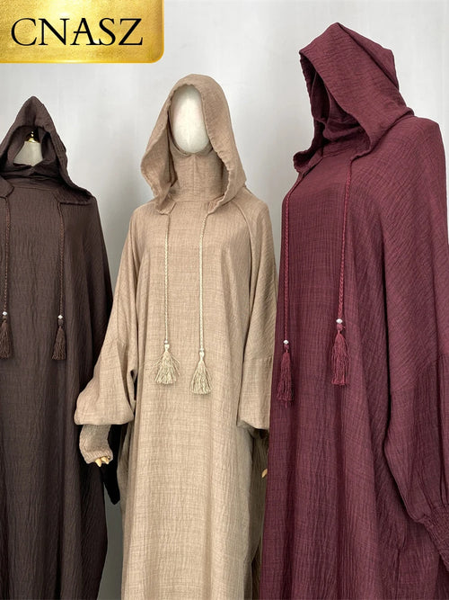 Hot Seller Ramadan Islamic Clothing Wrinkle Polyester Hoodie Abaya Dress With Undercap Muslim Women Abaya Hoodie Causal Dresses