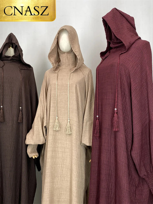 Hot Seller Ramadan Islamic Clothing Wrinkle Polyester Hoodie Abaya Dress With Undercap Muslim Women Abaya Hoodie Causal Dresses
