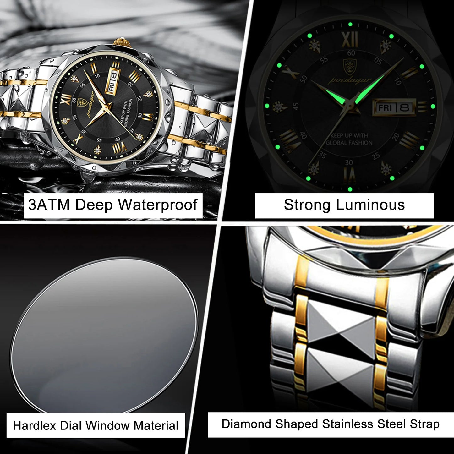 POEDAGAR Top Classic Men's Quartz Watches Waterproof Luminous Stainless Steel Man Wristwatch Date Week Original Men Watch Reloj