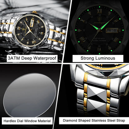 POEDAGAR Top Classic Men's Quartz Watches Waterproof Luminous Stainless Steel Man Wristwatch Date Week Original Men Watch Reloj