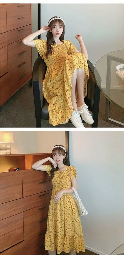 2025 Spring Summer New Dress Women Mini Dresses Female Short Sleeve Elastic Bust Printed Floral Pleated Backless Casual Dress