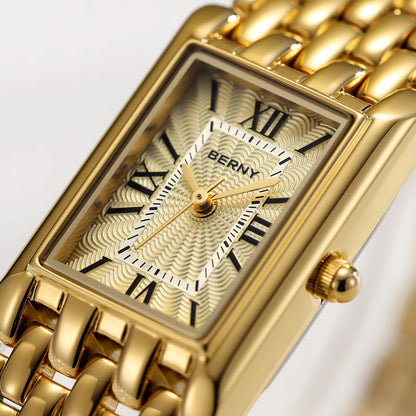 BERNY Luxury Women's Watches Fashion Ladies Square Casual Golden Quartz Watch Solid Stainless Steel Rectangle Girls Wristwatch