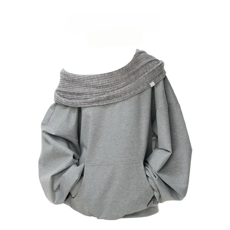 Knit Patchwork Sweatshirt Women Loose Casual Long Sleeve Sporty Top Spring Fall Chic Lazy Off Shoulder Harajuku Y2K Coat