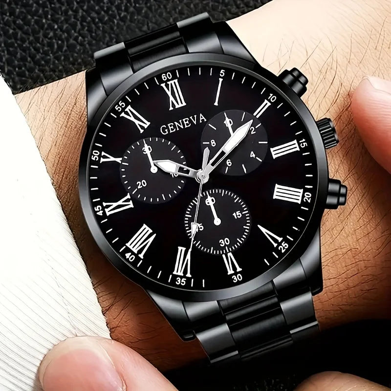4pcs Fashion Men's Quartz Watch Set Decorative Three-eye Dial Men Business Watches Reloj Hombre（Without Box）