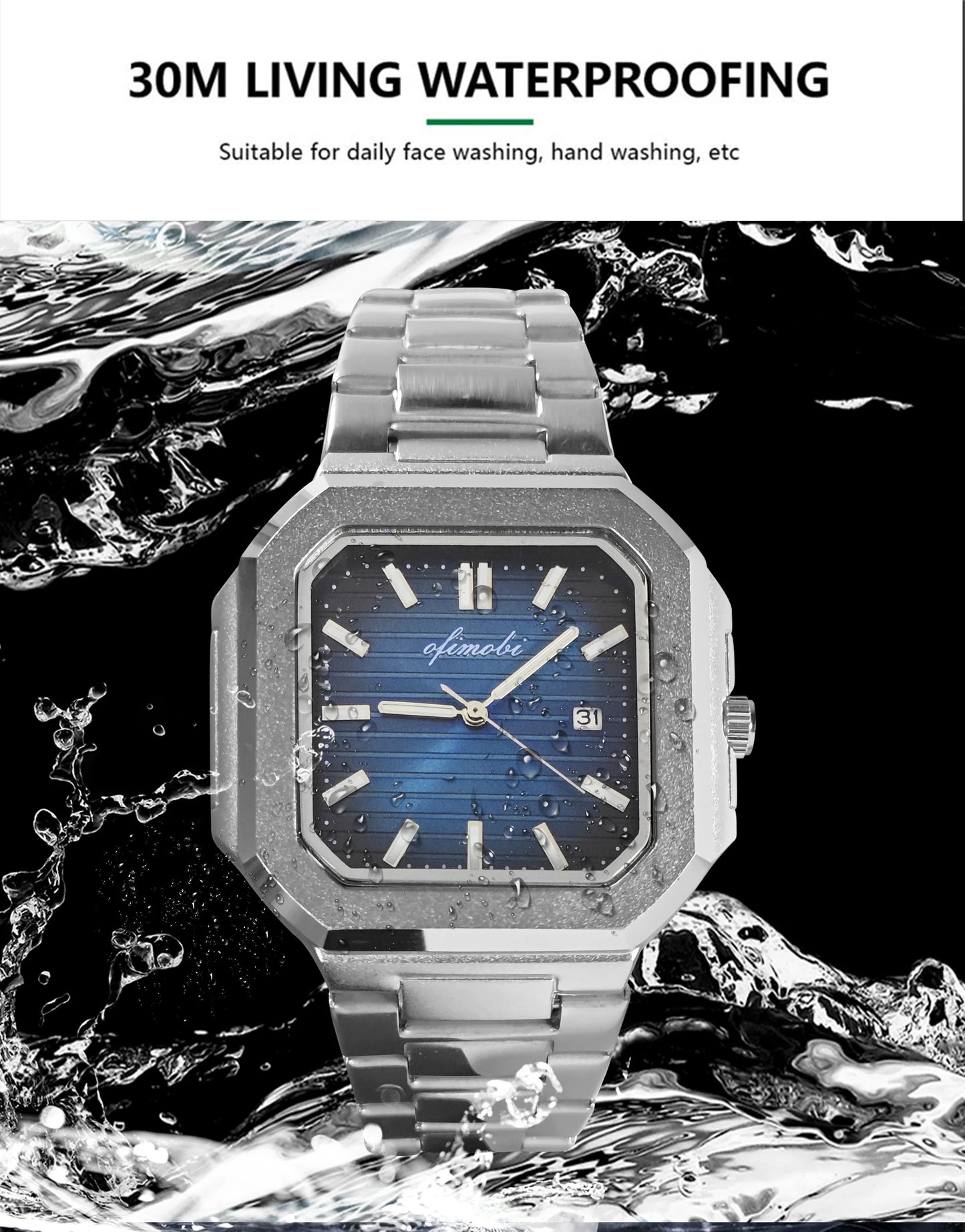 Classic Men Business Watches Fashion Square Dial Stainless Steel Strap Quartz Watch with Calendar For Luxury Mens Clock