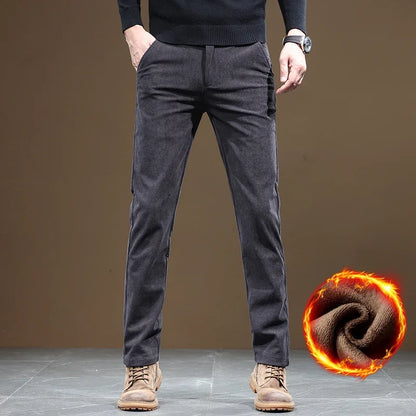 2025 New Winter Fleece Warm Corduroy Pants Men Business Fashion Slim Fit Stretch Thicken Gray Khaki Fluff Casual Trousers Male