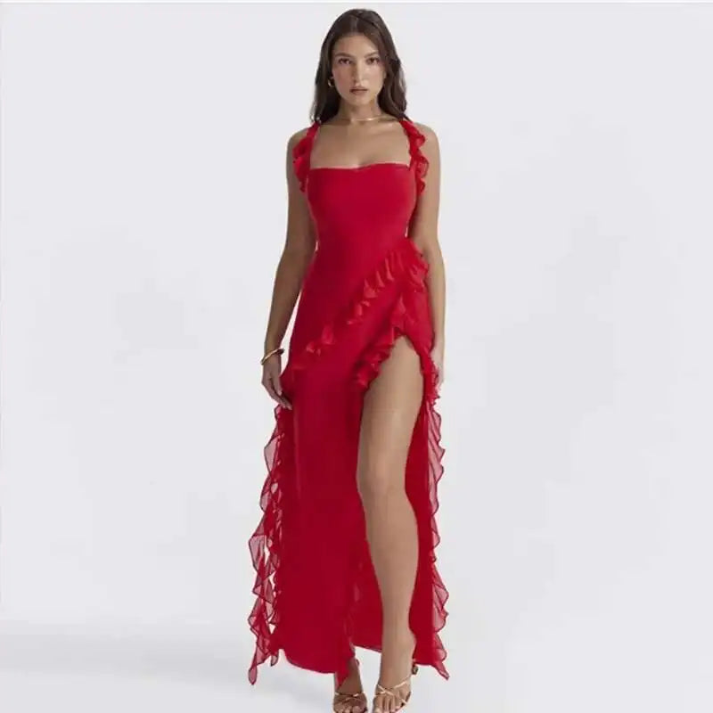 Giyu Sexy Ruffles Summer Dress 2025 Women Clothing Elegant Holiday Club Evening Party Dresses Slash Neck Split Bodycon Long Robe