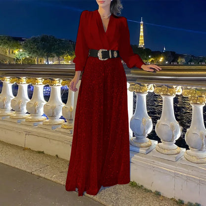 TARUXY Splice Sequins Maxi Dresses For Women Fashion Folds Loose V Neck Elegant Dress Femme Party Evening Dresses Luxury 2023